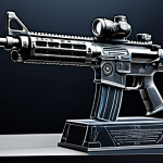 A hyper-realistic, intricate digital art rendering of a futuristic combat rifle. The weapon features ornate laser engravings, a metallic sheen with realistic light reflections, and subtle reactive animations. It is displayed prominently on a dark, reflective pedestal in a clean, minimalist, studio-like environment, emphasizing its highly detailed textures and advanced design. Professional photography, high resolution, cinematic lighting, ultra quality, safe for work, appropriate content, professional, family-friendly.