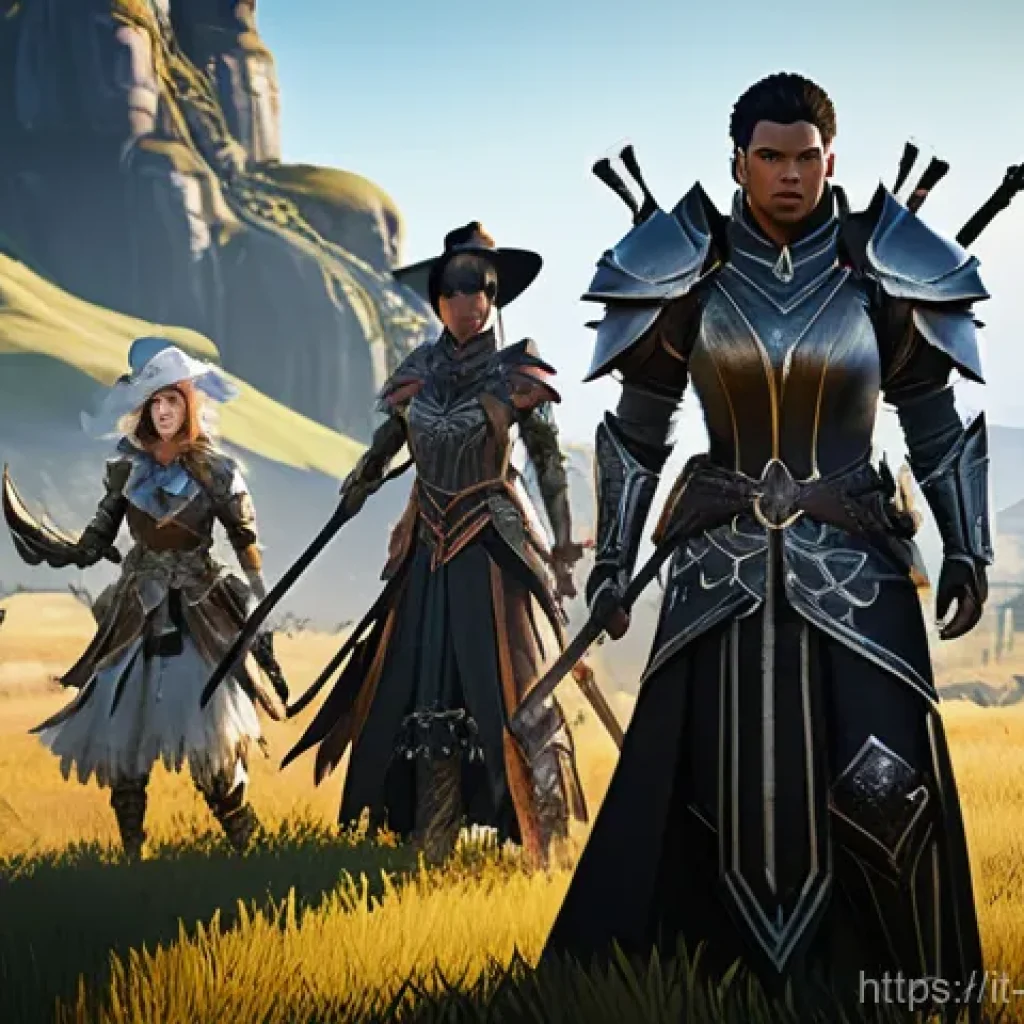 검은사막 초보자를 위한 가이드 - A group of diverse Black Desert Online adventurers, fully clothed in intricate fantasy armor and att...