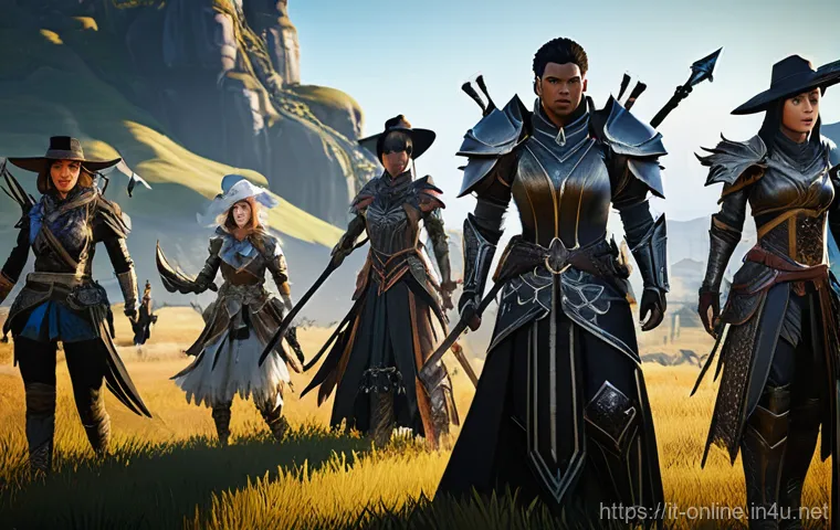 검은사막 초보자를 위한 가이드 - A group of diverse Black Desert Online adventurers, fully clothed in intricate fantasy armor and att...