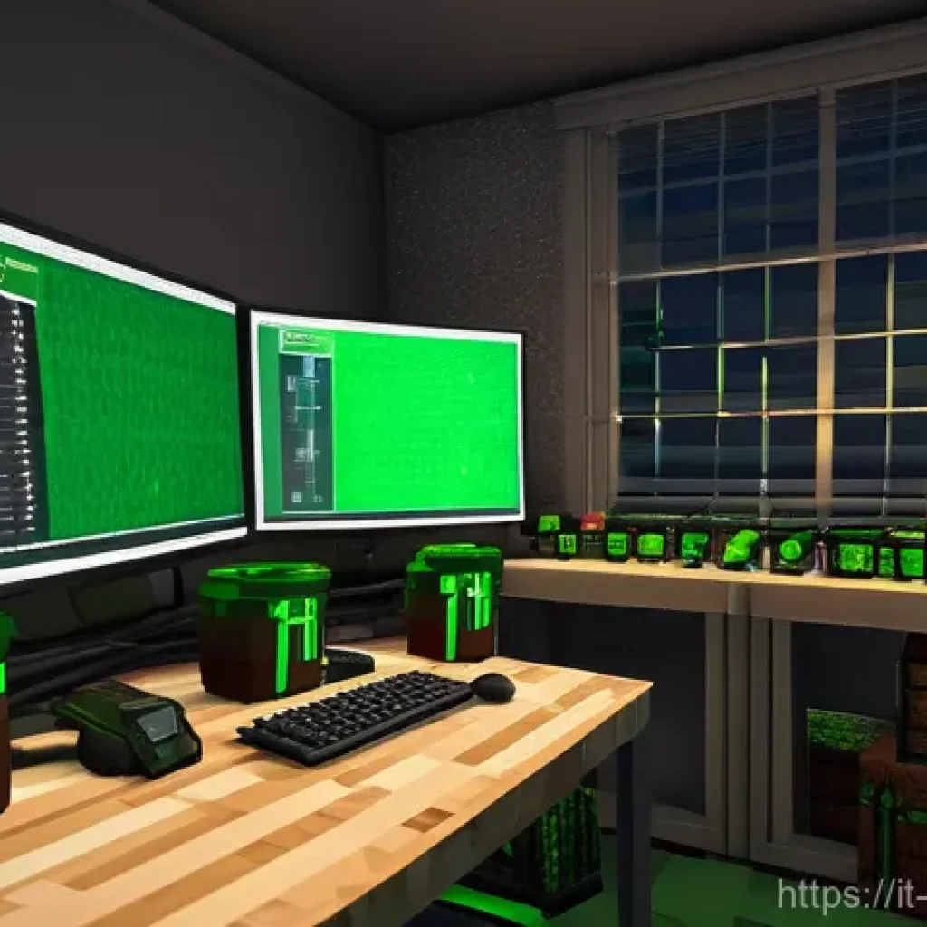 마인크래프트 서버 관리 방법 - **Prompt:** A detailed, realistic depiction of a tired but determined Minecraft server administrator...