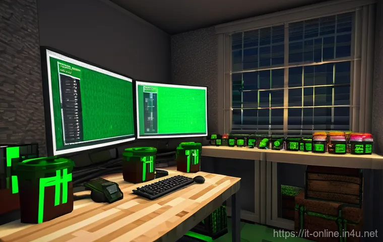 마인크래프트 서버 관리 방법 - **Prompt:** A detailed, realistic depiction of a tired but determined Minecraft server administrator...