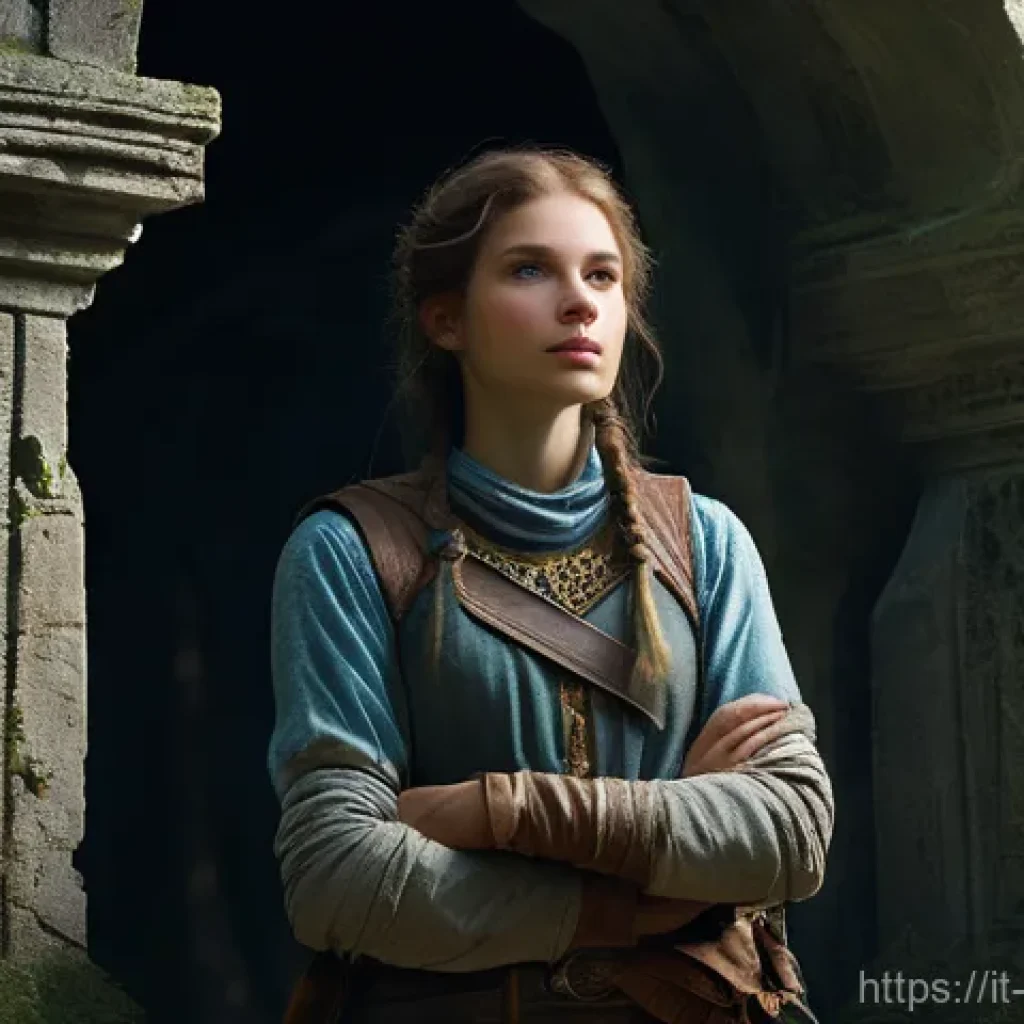 크레이지 아케이드의 비밀 상점 - **Prompt:** A young, adventurous woman, dressed in practical and robust fantasy explorer attire, inc...