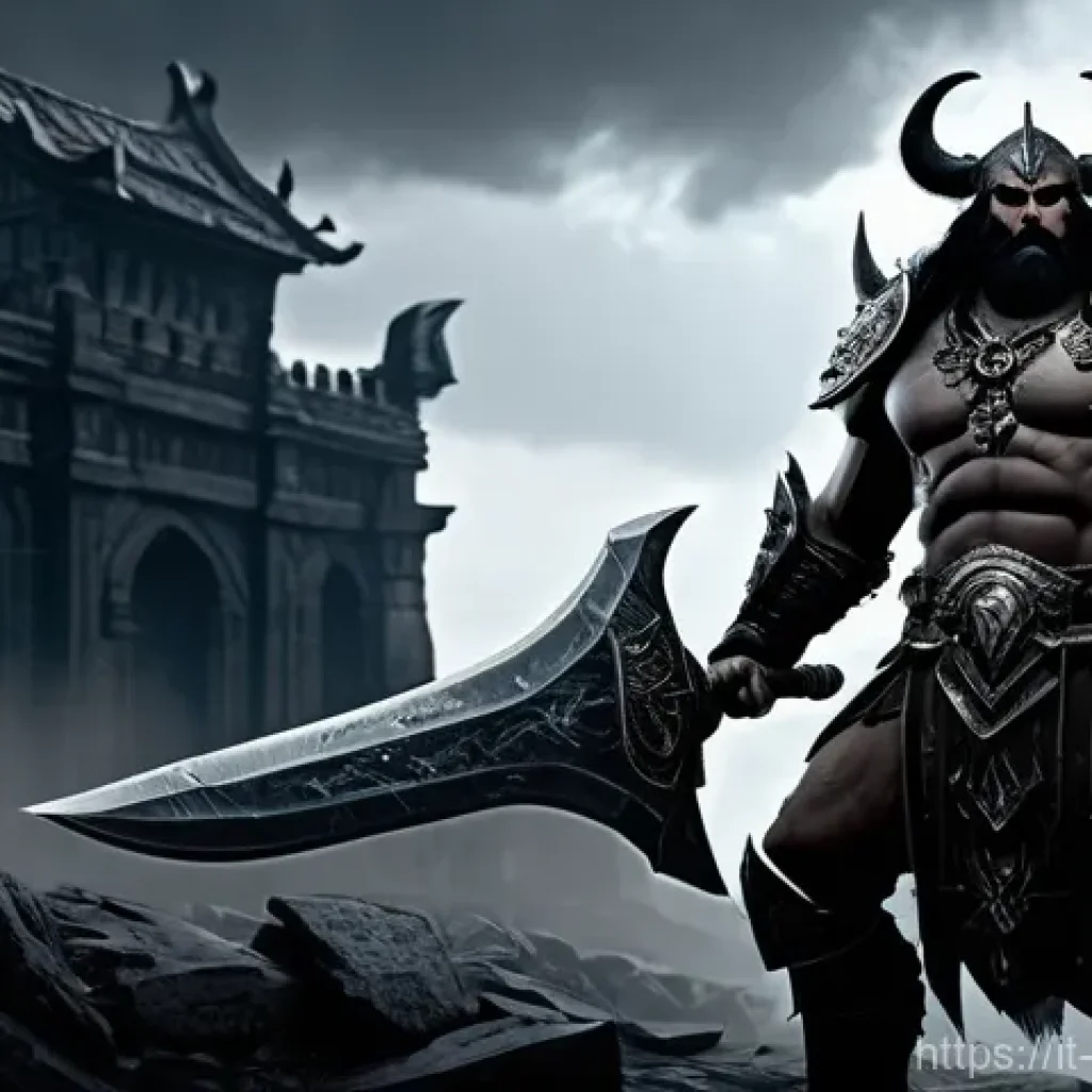 디아블로 2 레저렉션 - A powerful Barbarian character from Diablo 2 Resurrected, depicted in a highly detailed and realisti...