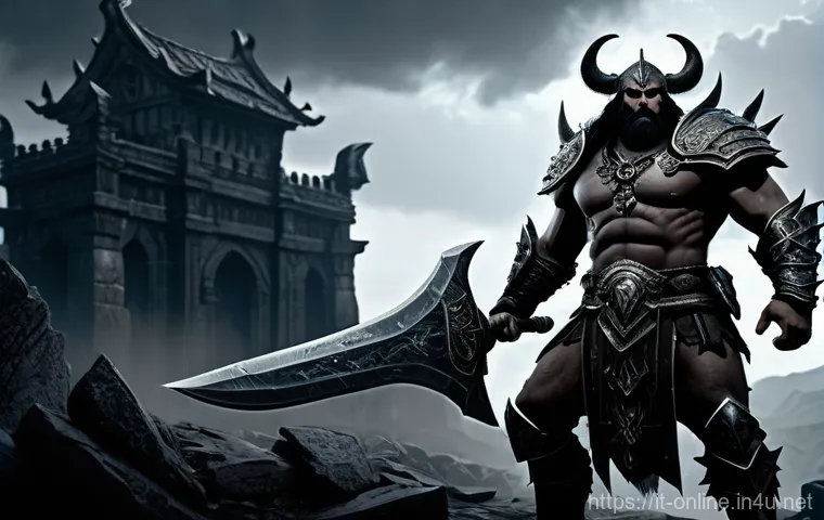 디아블로 2 레저렉션 - A powerful Barbarian character from Diablo 2 Resurrected, depicted in a highly detailed and realisti...