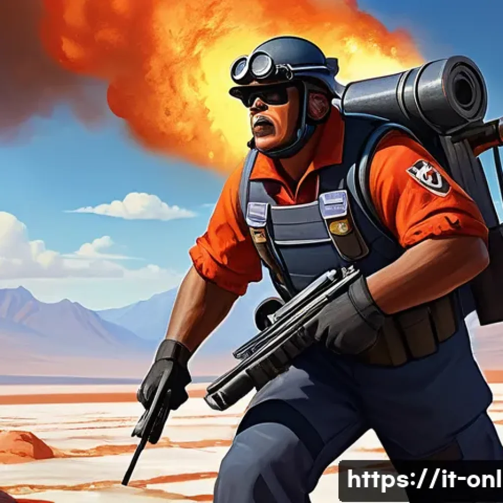 포트리스2 명장면 - **Prompt: "Dynamic Team Fortress 2 Battle Scene: Medic and Heavy pushing forward on Badwater Basin."...