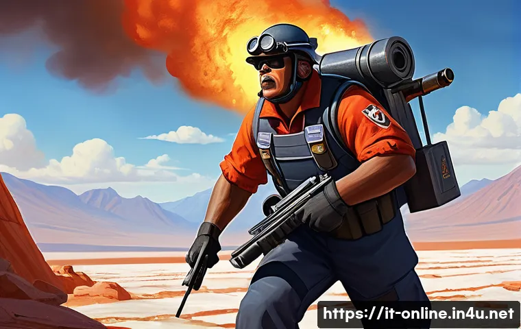 포트리스2 명장면 - **Prompt: "Dynamic Team Fortress 2 Battle Scene: Medic and Heavy pushing forward on Badwater Basin."...
