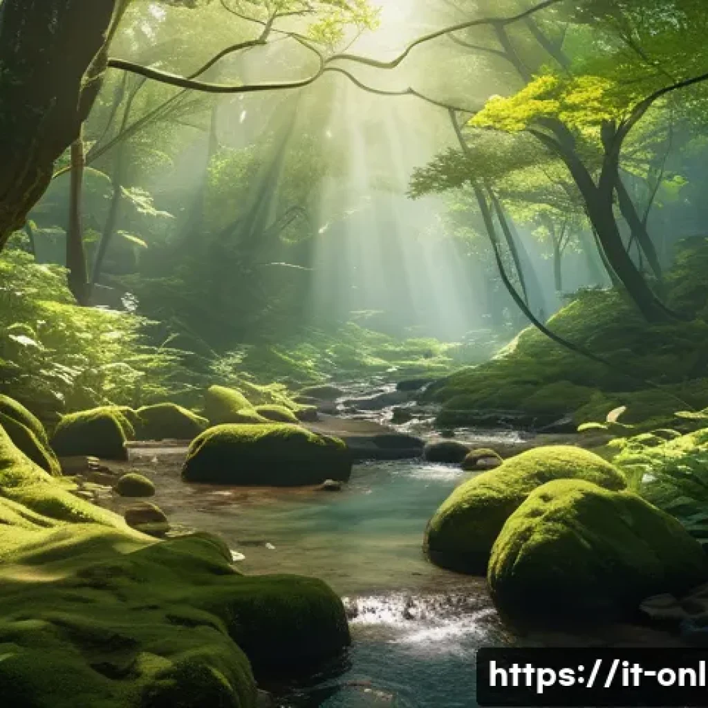 2025년 MMORPG 트렌드 - The sunlight beautifully filters through a dense canopy of lush, vibrant green leaves, casting dynam...