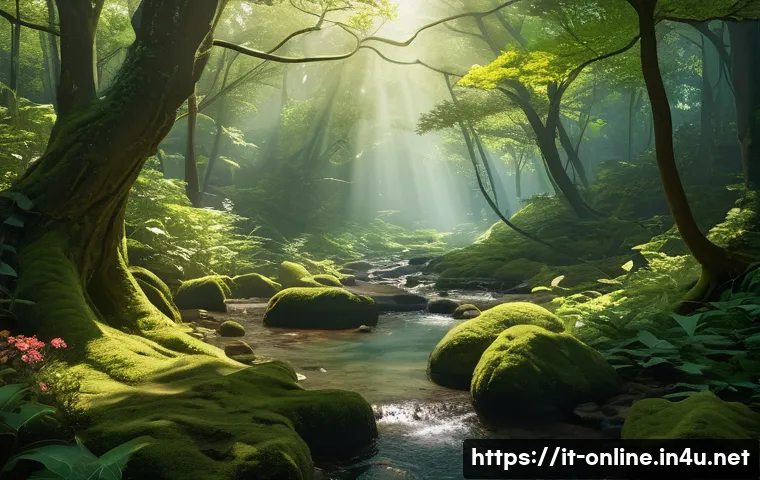 2025년 MMORPG 트렌드 - The sunlight beautifully filters through a dense canopy of lush, vibrant green leaves, casting dynam...