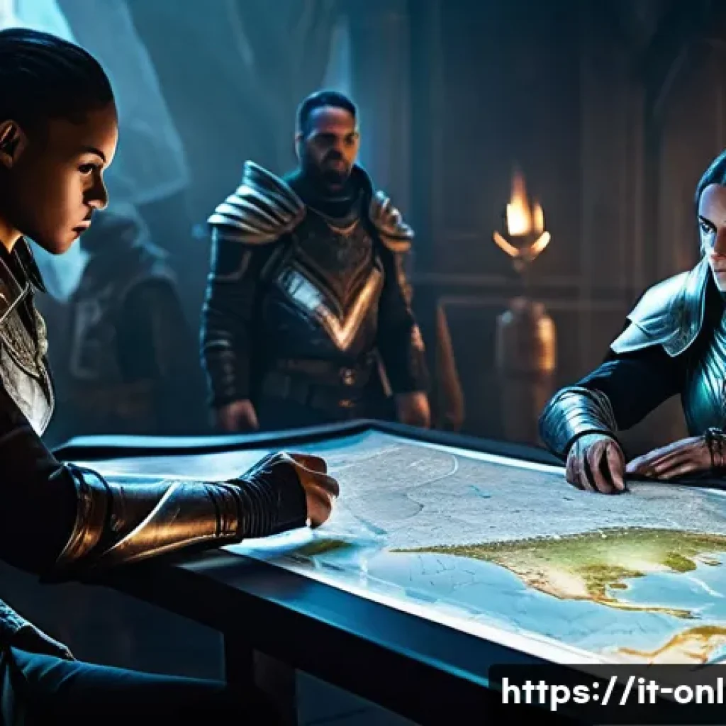 쉐도우 아레나 팀 배틀 전략 - **Prompt:** A diverse team of five fantasy arena heroes gathered in a war room, meticulously strateg...