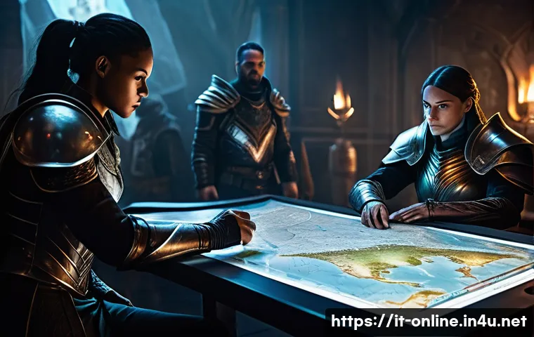 쉐도우 아레나 팀 배틀 전략 - **Prompt:** A diverse team of five fantasy arena heroes gathered in a war room, meticulously strateg...