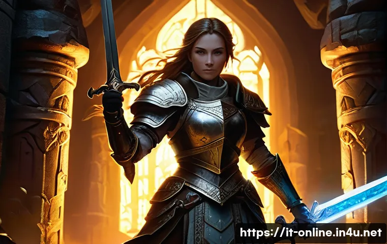 던전앤파이터 초창기 아이템 - **The Thrill of the Legendary Drop in a Perilous Dungeon**
    A heroic female adventurer, clad in h...