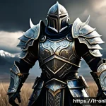 바람의 나라 클래식 - A detailed fantasy warrior tank character standing on a rugged battlefield, clad in heavy, ornate ar...