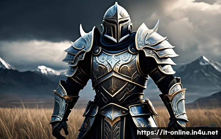 바람의 나라 클래식 - A detailed fantasy warrior tank character standing on a rugged battlefield, clad in heavy, ornate ar...