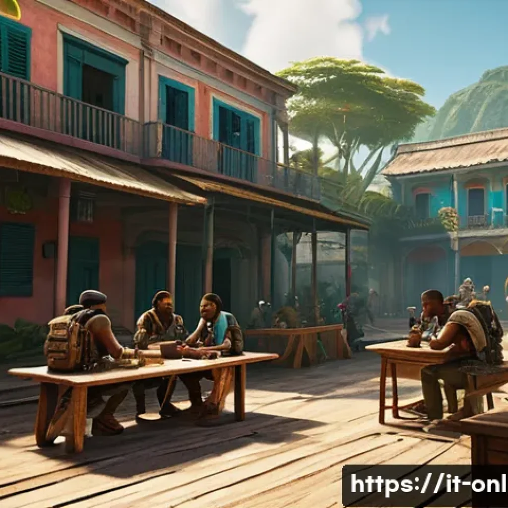 파 크라이 6 비밀 엔딩 - A detailed scene of a vibrant, tropical Caribbean town inspired by Far Cry 6’s Yara, showing a diver...