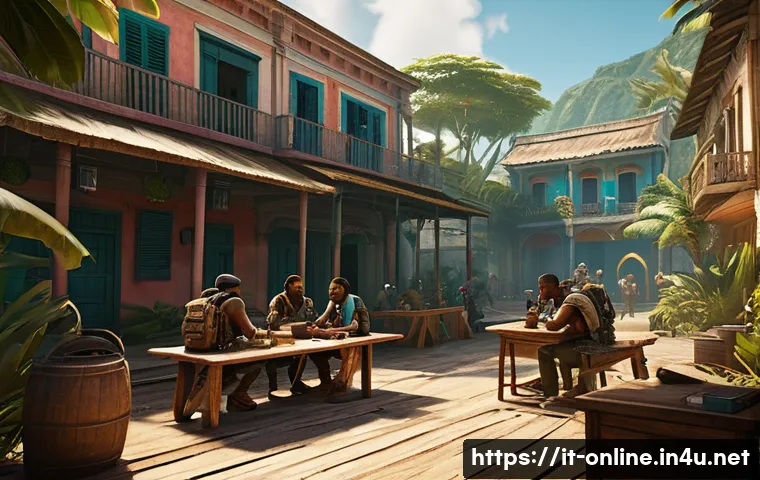 파 크라이 6 비밀 엔딩 - A detailed scene of a vibrant, tropical Caribbean town inspired by Far Cry 6’s Yara, showing a diver...