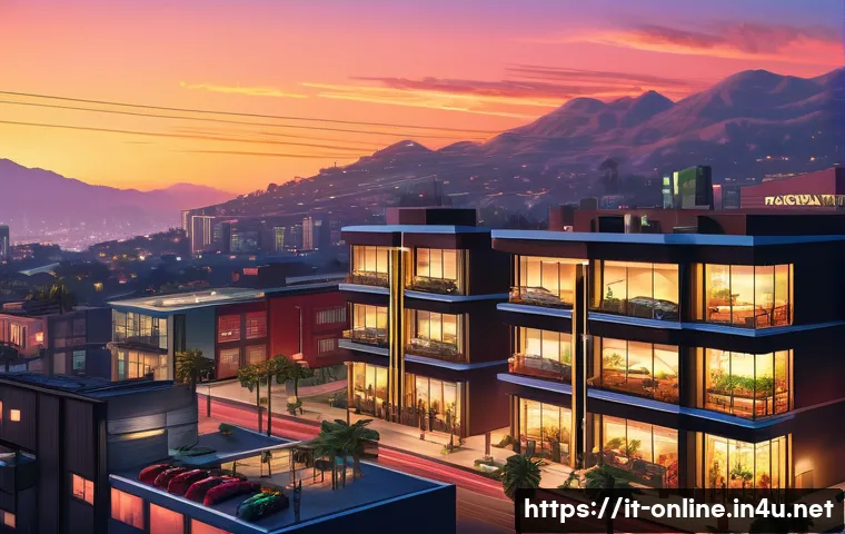 GTA 온라인 부동산 투자법 - A detailed digital artwork of a bustling urban district inspired by Los Santos from GTA Online, show...