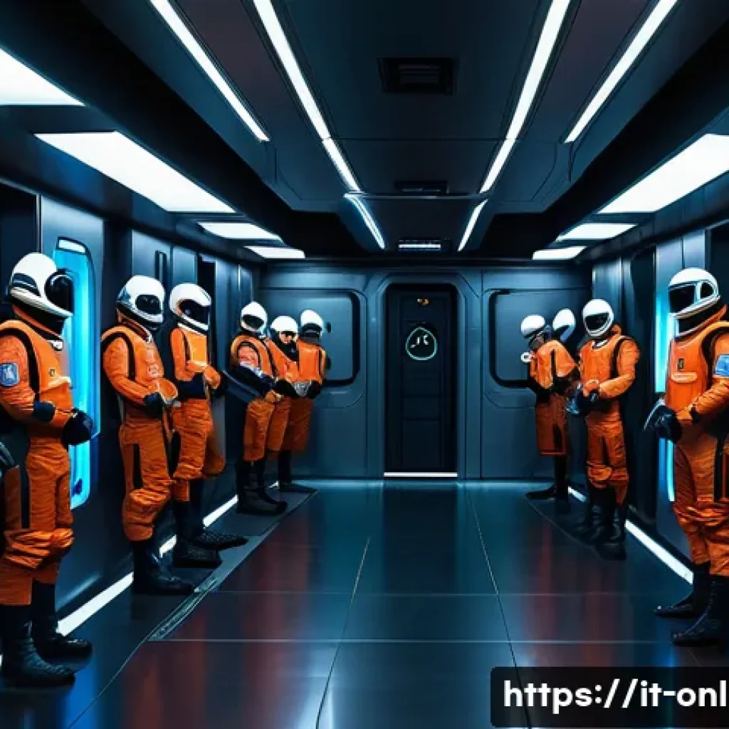 어몽 어스 임포스터 전략 - A tense scene inside a futuristic spaceship corridor inspired by “Among Us,” showing a group of dive...