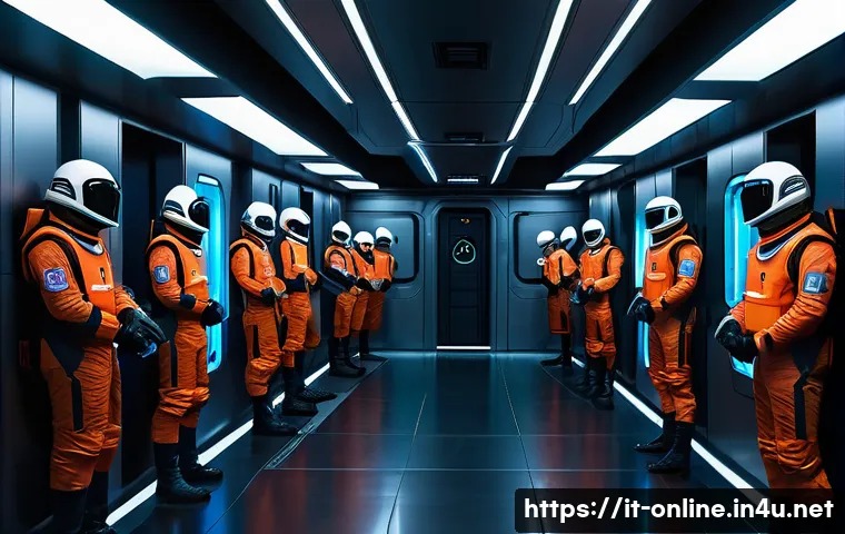 어몽 어스 임포스터 전략 - A tense scene inside a futuristic spaceship corridor inspired by “Among Us,” showing a group of dive...