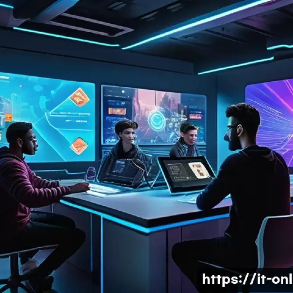 길드 시스템 설계의 혁신 - A vibrant digital guild hub scene inside a futuristic gaming platform interface, showing diverse pla...
