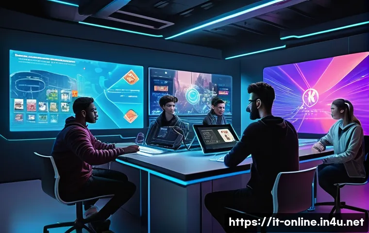 길드 시스템 설계의 혁신 - A vibrant digital guild hub scene inside a futuristic gaming platform interface, showing diverse pla...