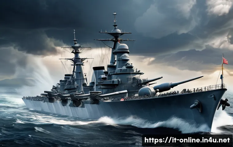 월드 오브 워쉽 전함 순위 - A highly detailed and realistic battleship at sea during a dynamic naval battle, showcasing powerful...