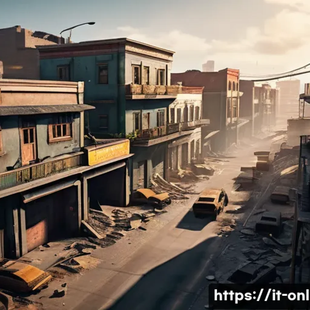 배틀그라운드 전략적 위치 - A dynamic urban battleground scene inspired by a popular PUBG city like Pochinki, featuring tightly ...