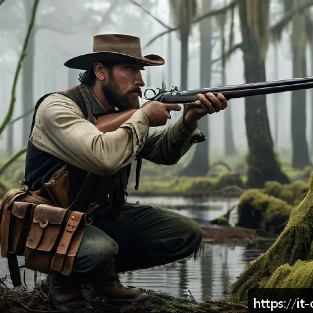 헌트 쇼다운 무기 추천 - A dynamic close-quarters combat scene set in a dense, foggy bayou at dawn, featuring a rugged hunter...
