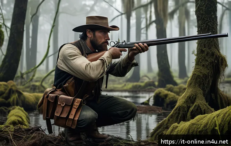 헌트 쇼다운 무기 추천 - A dynamic close-quarters combat scene set in a dense, foggy bayou at dawn, featuring a rugged hunter...