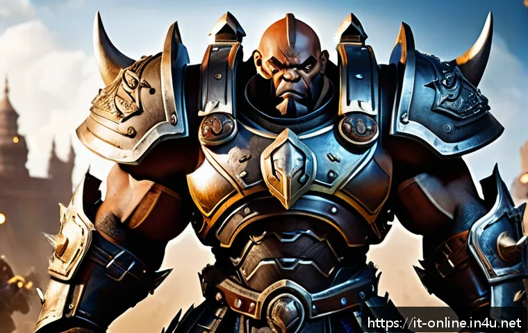 히어로즈 오브 더 스톰 영웅 추천 - A powerful tank hero inspired by Garrosh from Heroes of the Storm, depicted as a heavily armored war...
