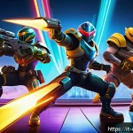 Home 22 겟앰프드 초기 버전 - A vibrant, colorful cartoon-style online multiplayer battle scene inspired by GetAmped, featuring di...
