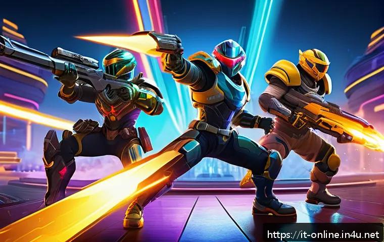 겟앰프드 초기 버전 - A vibrant, colorful cartoon-style online multiplayer battle scene inspired by GetAmped, featuring di...