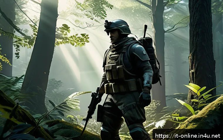 TPS와 FPS 차이 - A detailed third-person perspective action-adventure game scene featuring a heroic character wearing...