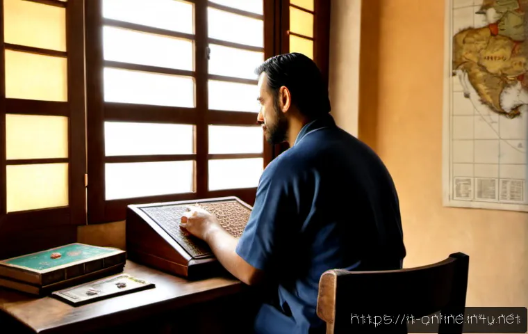 미르의 전설 역사 - Photorealistic Italian video game historian in a quiet Rome study, examining an unbranded vintage fa...