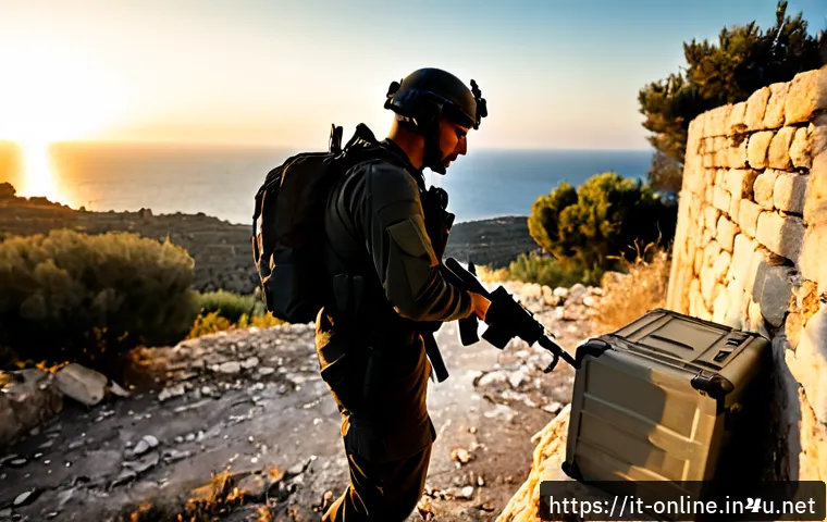 메탈기어 솔리드5 숨겨진 아이템 - Photorealistic stealth-game-inspired scene of a tactical operative in dark field gear cautiously dis...